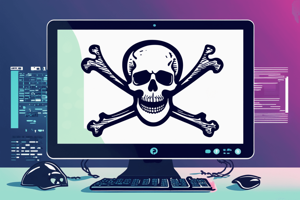 Ein Computerbildschirm mit einem Piratentotenkopf, der die digitale Piraterie symbolisiert.